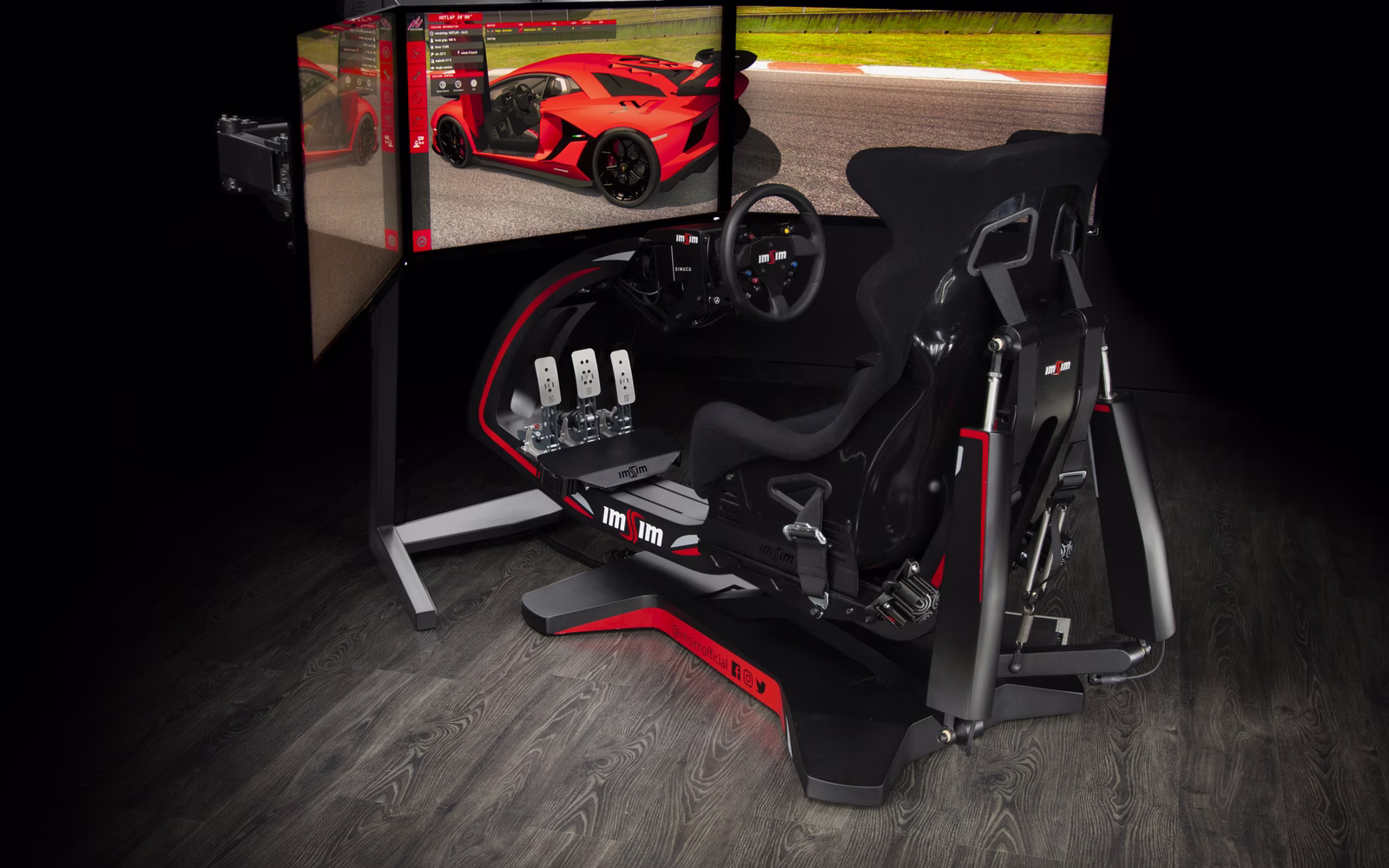 The ALMA as it is used: chassis, seat, wheel, pedals and the screen on its own stand.