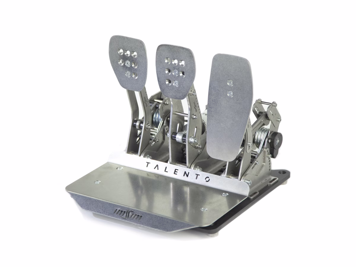 The complete ImSim Talento pedal set in stainless steel, mounted on its heel plate.